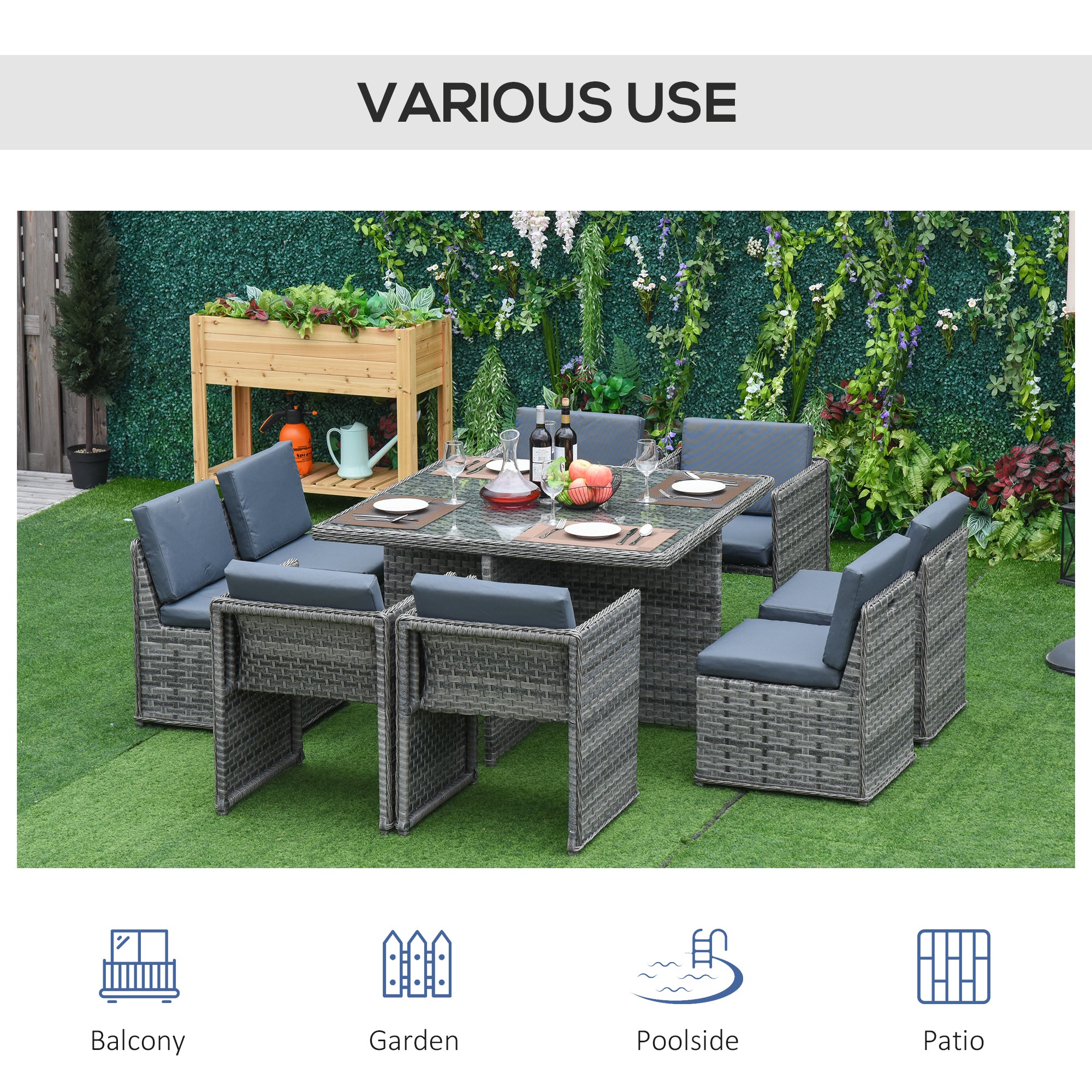 Outsunny 8 Seater Rattan Cube Garden Furniture Set with Parasol Hole, Rattan Dining Set with Cushions, Outdoor Dining Table and Chairs with Square Glass Top Table for Patio, Balcony, Mixed Grey 