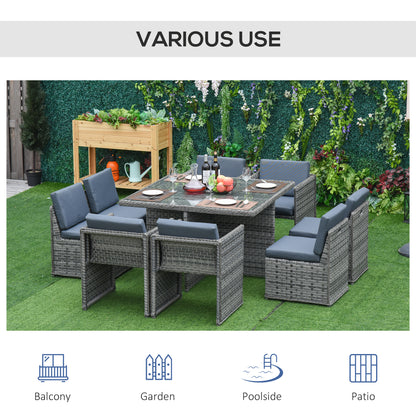 Outsunny 8 Seater Rattan Cube Garden Furniture Set with Parasol Hole, Rattan Dining Set with Cushions, Outdoor Dining Table and Chairs with Square Glass Top Table for Patio, Balcony, Mixed Grey 