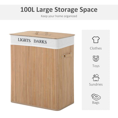 HOMCOM 100L Collapsible Natural Wood  Laundry Hamper Organizer Clothes Washing Basket Bin Storage Box w/Lid Removable Lining 52x32x63cm, Wood Color 