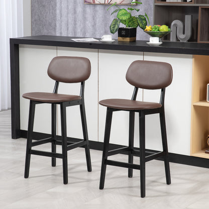 HOMCOM Bar Stools Set of 2, Contemporary Breakfast Bar Chairs, Faux Leather Upholstered Kitchen Stools with Backs and  Solid Wood Legs, Brown