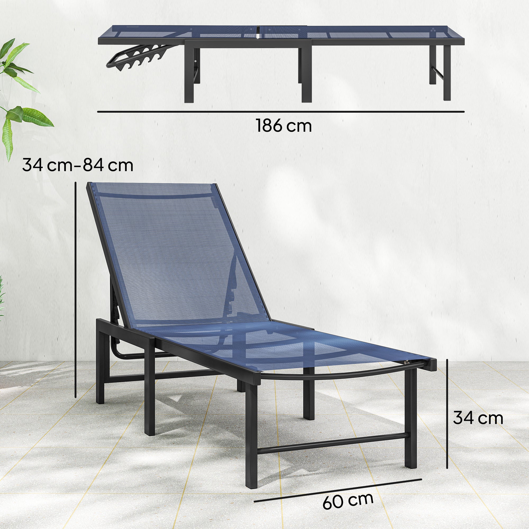 Outsunny Set of Two Reclining Sun Loungers - Dark Blue 