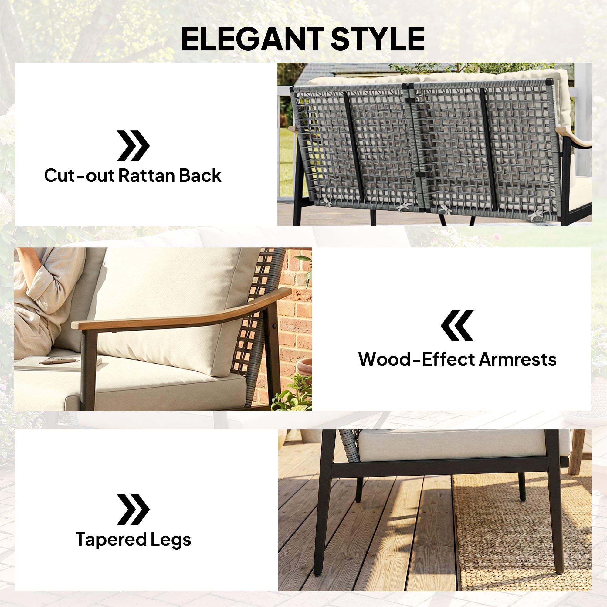 Outsunny 2 Seater Rattan Sofa, Outdoor Garden Sofa with Wood-Effect Armrests, Cushions for Patio, Balcony, Khaki 