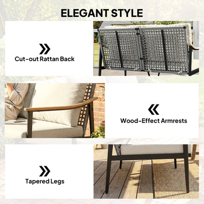 Outsunny 2 Seater Rattan Sofa, Outdoor Garden Sofa with Wood-Effect Armrests, Cushions for Patio, Balcony, Khaki 