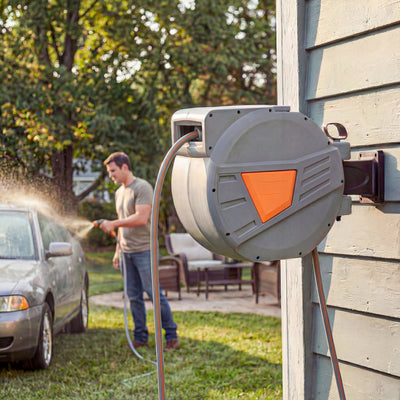 Outsunny Retractable Hose Reel Wall Mounted, 20+1.6m Garden Hose Pipe Reel with Auto Retraction, Self-Locking, Orange 