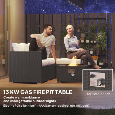 Outsunny Five Piece Rattan Garden Furniture Set with Gas Fire Pit Table and Footstool - Black and Cream White 