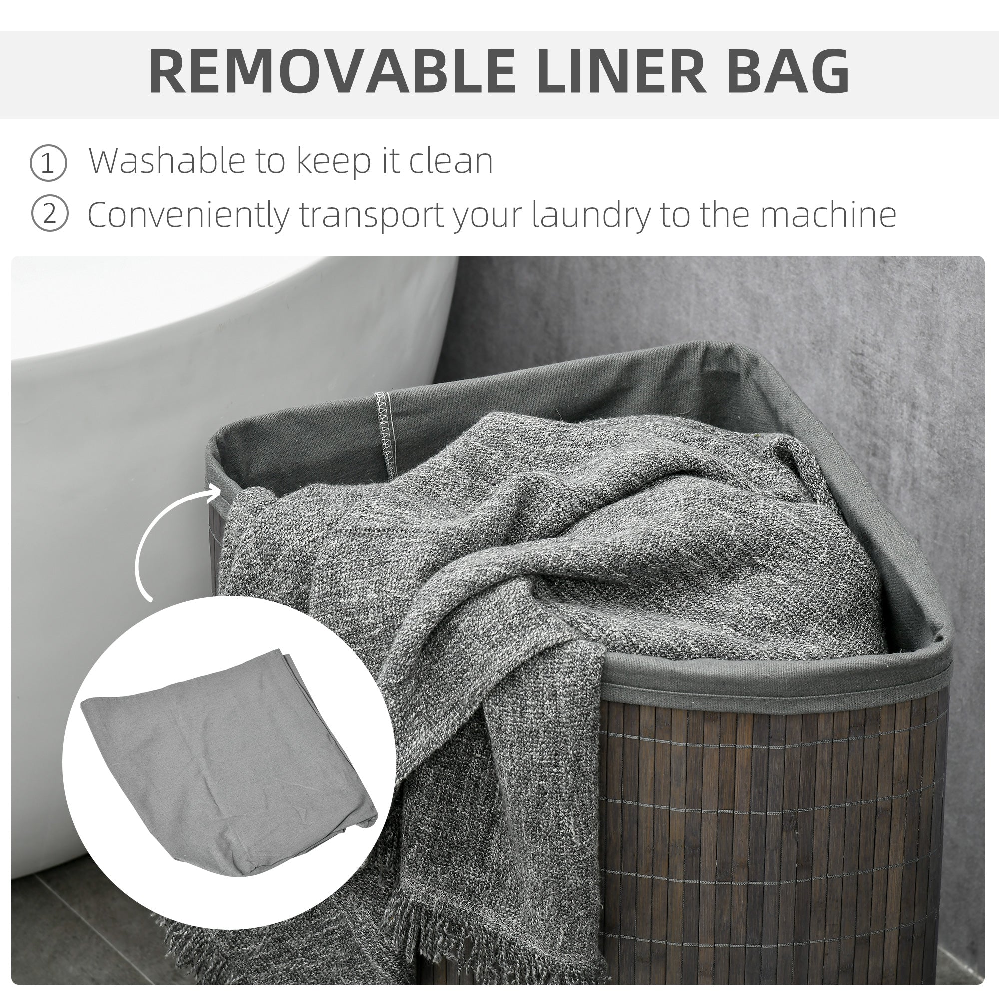 HOMCOM Bamboo Laundry Basket with Lid, 55 Litres Laundry Hamper with Removable Washable Lining,  Corner Washing Baskets, 38 x 38 x 57cm, Grey 