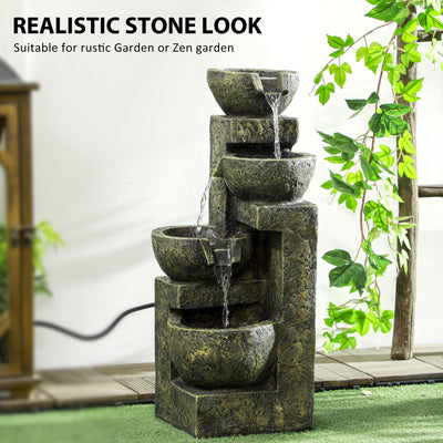 Outsunny Garden Water Feature Waterfall Fountain with 4-Tier Stone Look Bowls, Adjustable Flow, Black and Yellow 