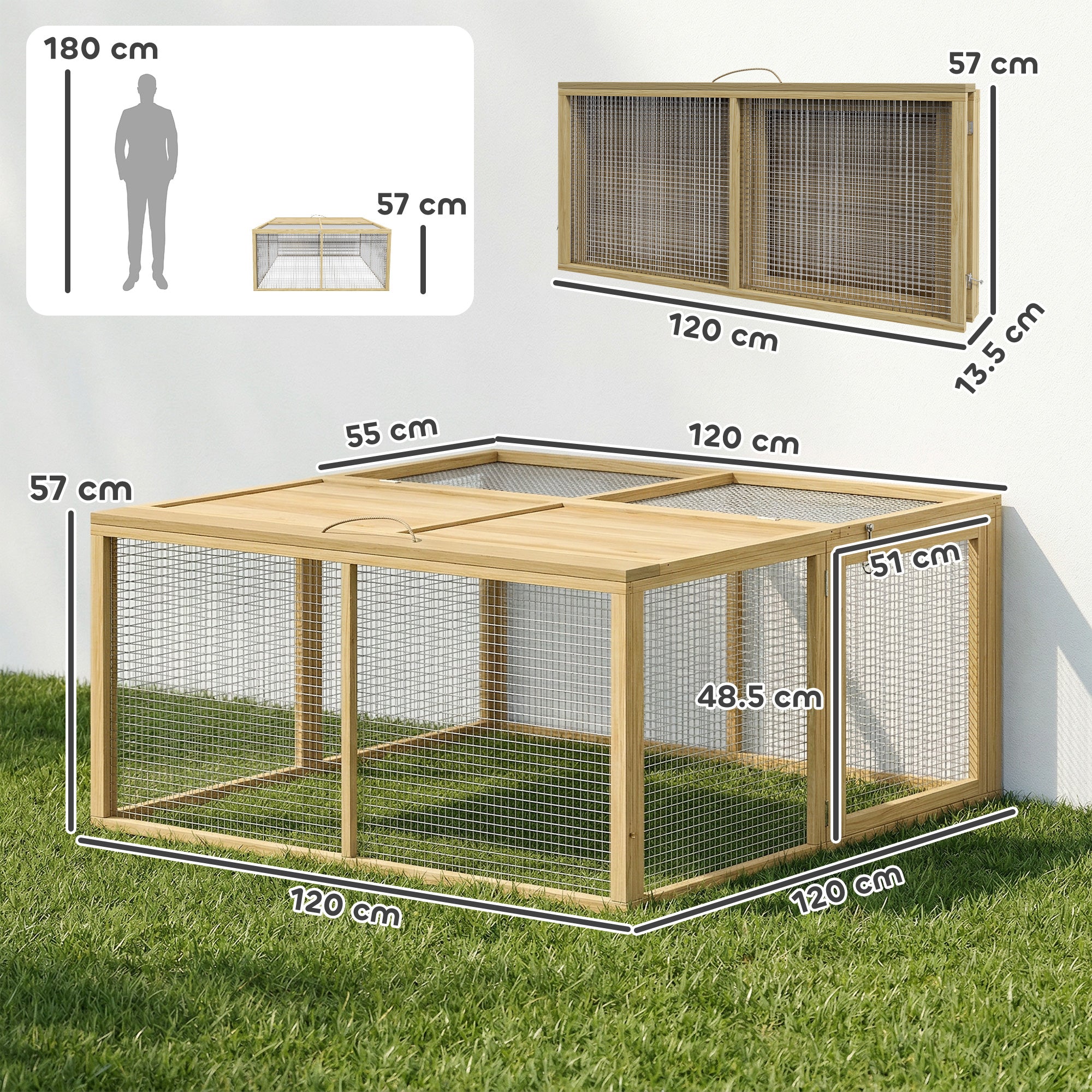 PawHut Wooden Folding Rabbit Hutch, for 2-3 Rabbits - Natural Wood 