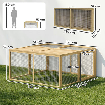 PawHut Wooden Folding Rabbit Hutch, for 2-3 Rabbits - Natural Wood 