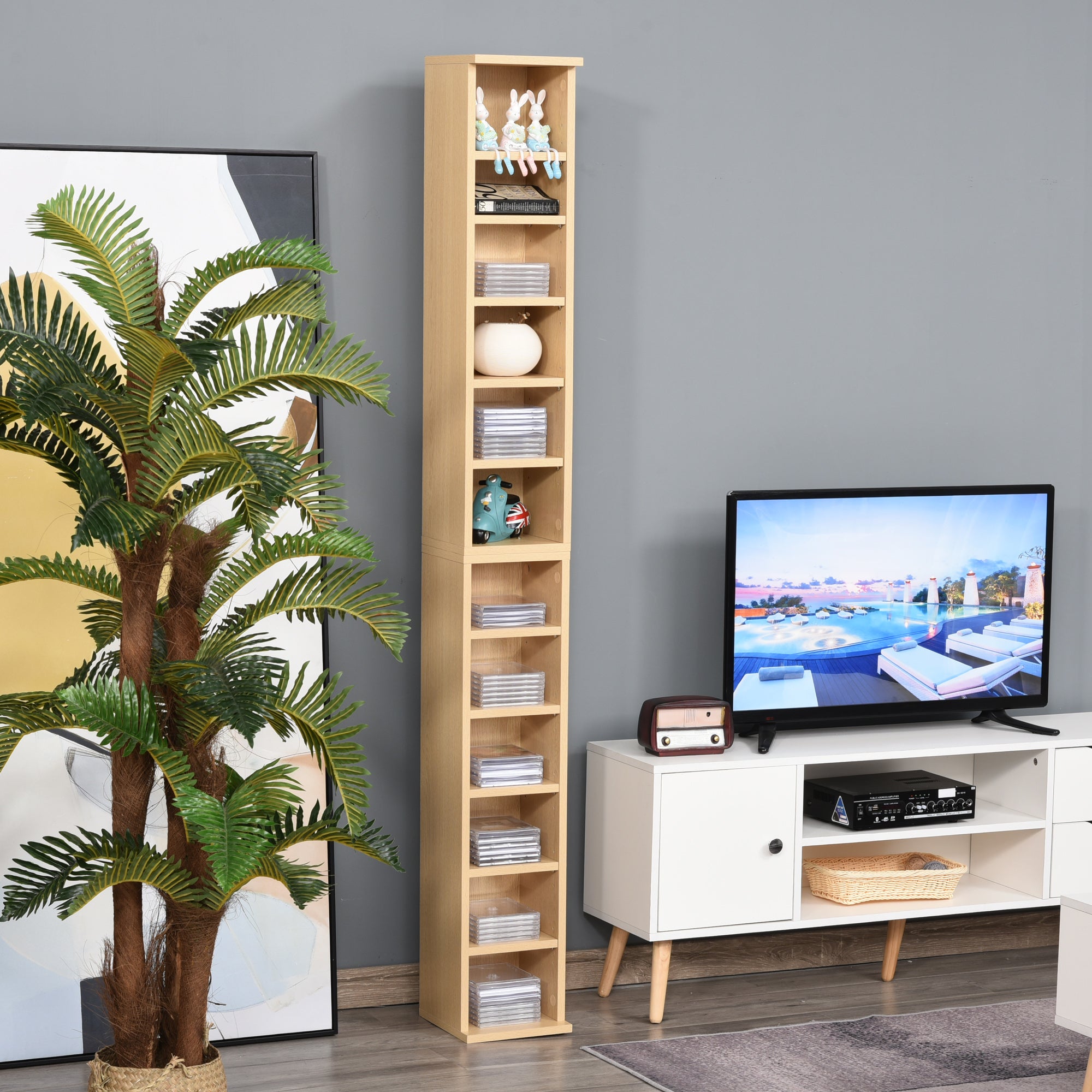 HOMCOM 204 CD Media Display Shelf Unit Set of 2 Blu-Ray Tower Rack w/ Adjustable Shelves Bookcase Storage Organiser, Natural Wood Colour 