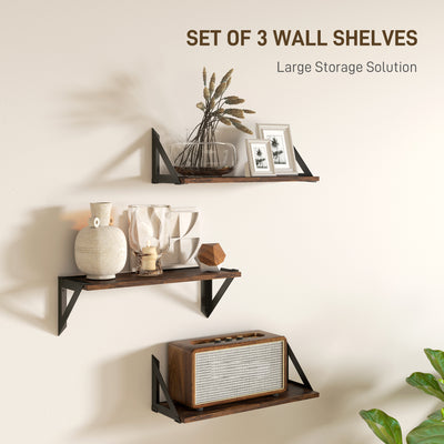 HOMCOM Set of 3 Wall Shelves, Vintage Wall Mounted Floating Shelves for Living Room, Entryway, Bedroom, Rustic Brown 