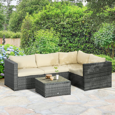 Outsunny 3 Pieces PE Rattan Garden Furniture Set with 10 cm Thick Cushions, 4 Seater Garden Corner Sofa Set with Glass Top Coffee Table, Outdoor Furniture for Patio, Porch, Beige 
