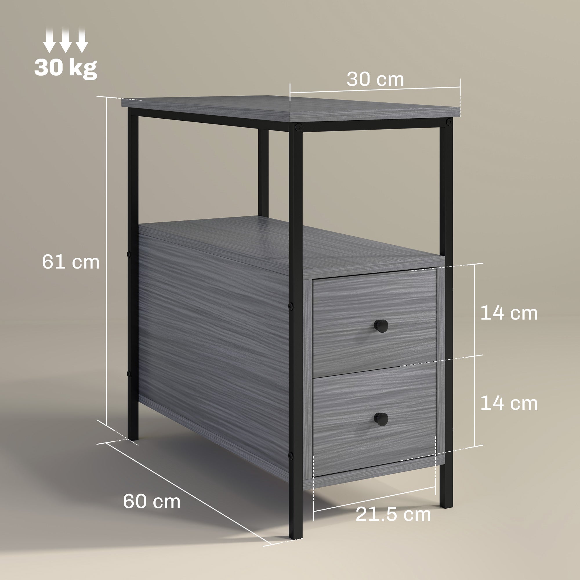 HOMCOM Side Table, Narrow Bedside Table with 2 Drawers and Storage Shelf, Industrial End Table with Metal Frame for Small Spaces, Grey Wood Grain