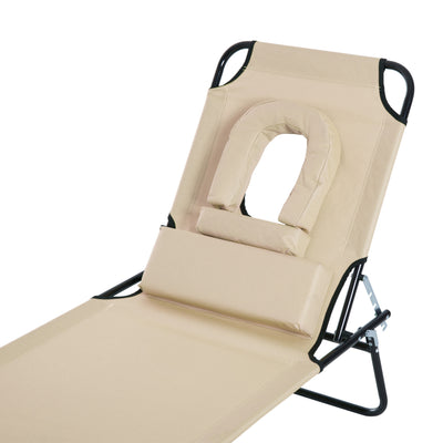 Outsunny Outdoor Foldable Sun Lounger, 4 Level Adjustable Backrest Reclining Sun Lounger Chair with Pillow and Reading Hole, Beige 