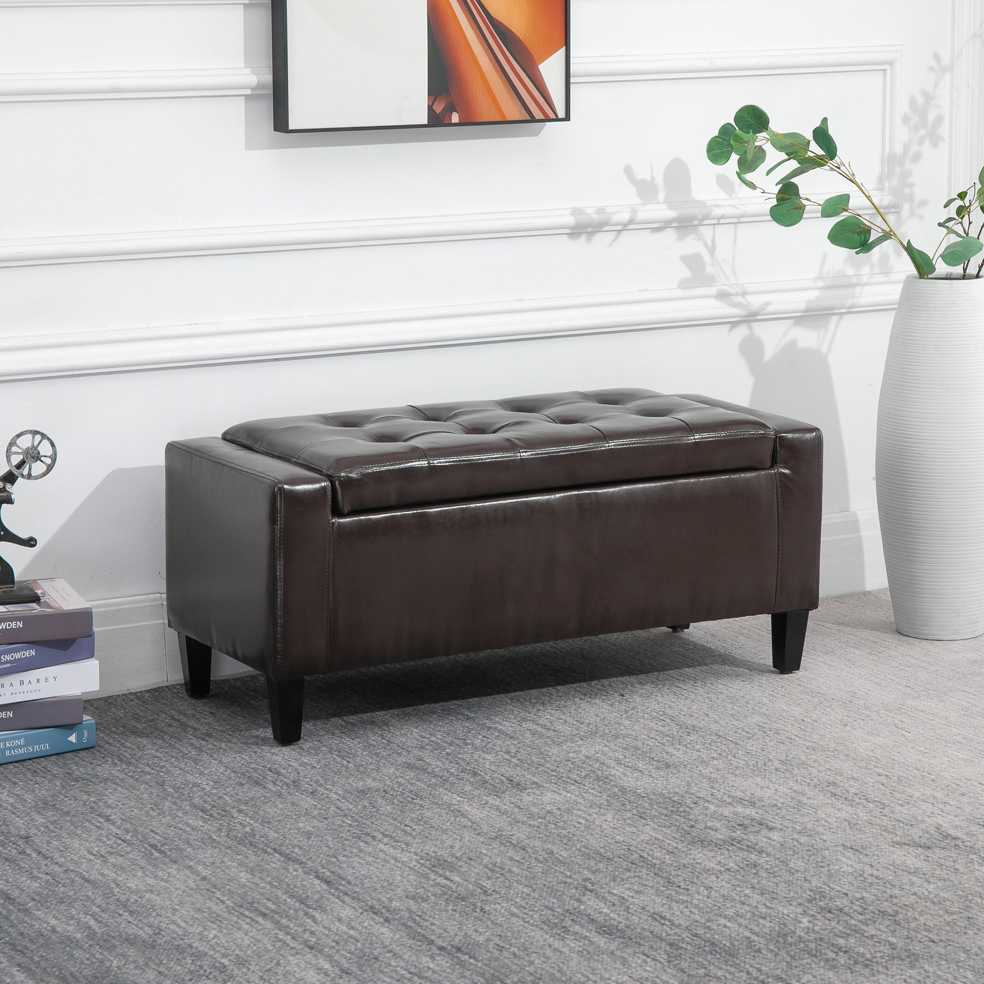 HOMCOM PU Leather Storage Ottoman Bench Storage Chest Tufted Ottoman Cube w/ Flipping Top 92L x 40W x 40H cm Brown 