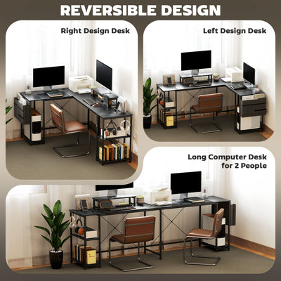 HOMCOM 168cm Reversible L Shaped Desk, Industrial Corner Computer Desk with Adjustable Shelf and Storage Bag, 240cm 2 Person Desk with Monitor Stand, Black 