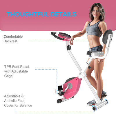 HOMCOM Exercise Bike Fitness Bicycle Indoor trainer Foldable 8-level Magnetic Resistance Adjustable w/LCD Monitor Pulse Sensor, Pink 