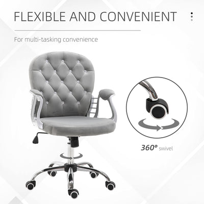 Vinsetto Office Chair, Swivel Desk Chair, Velvet Vanity Chair with Adjustable Height and Rolling Wheels for Home Work Study, Grey 