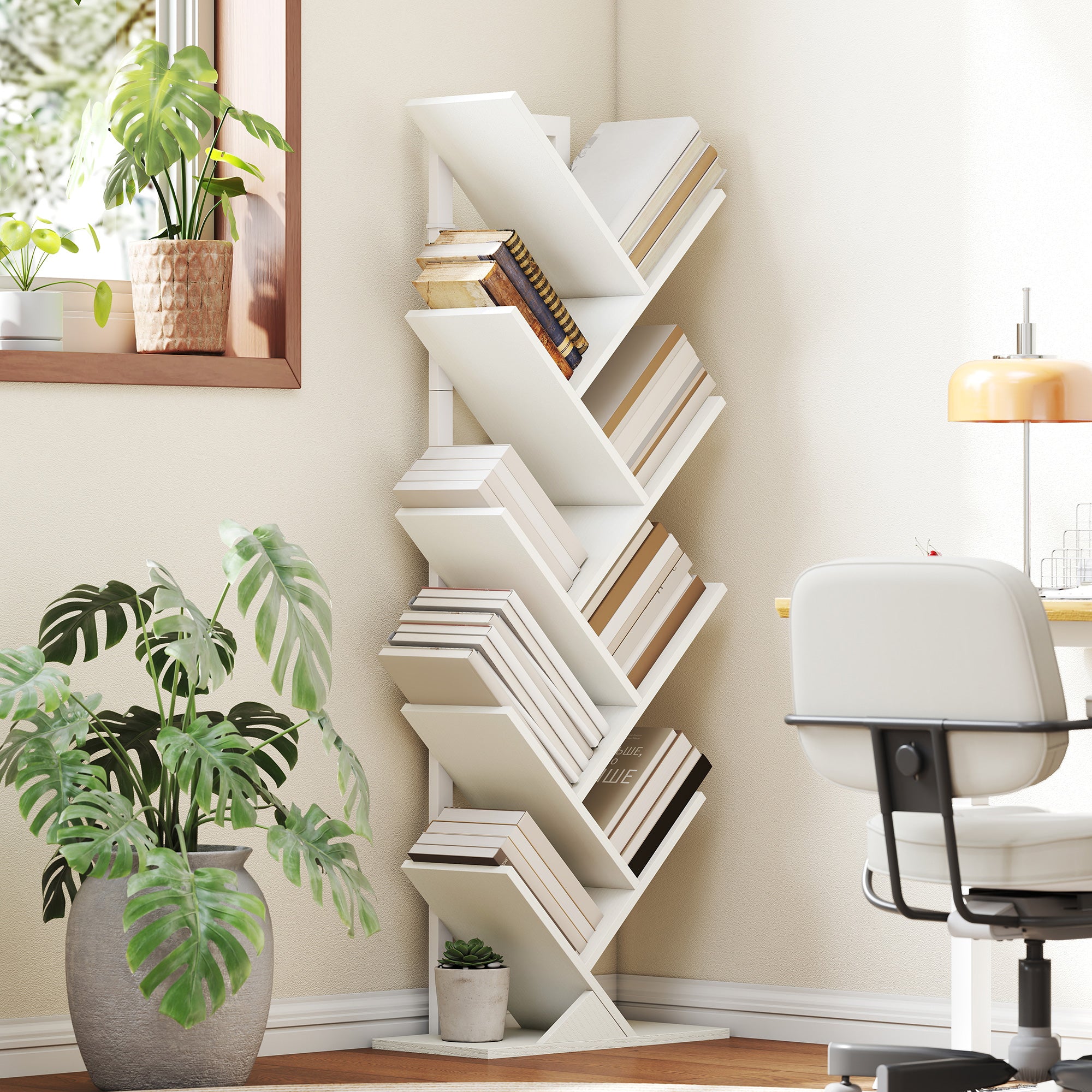 HOMCOM 9-Tier Tree Bookshelf, Industrial Free Standing Bookcase with Steel Frame, Display Storage White 