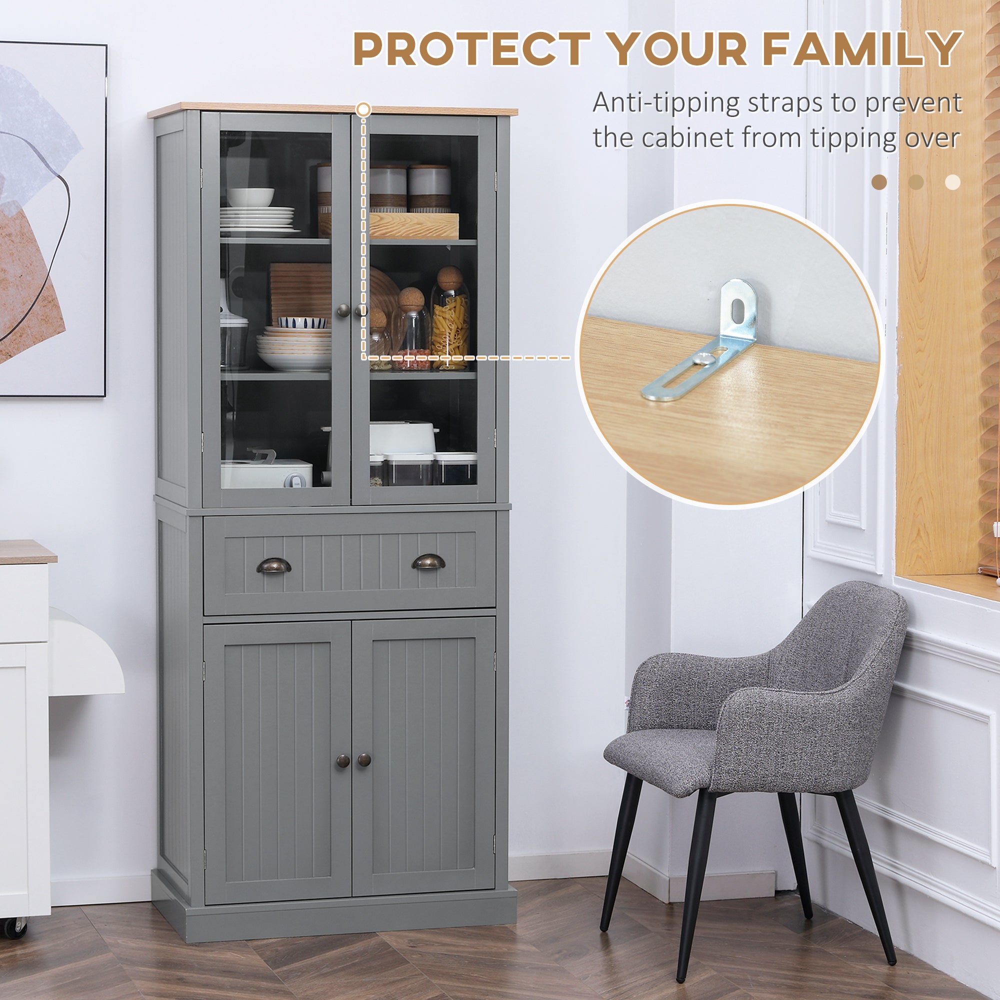 HOMCOM 180cm Tall Kitchen Pantry Cupboard, Freestanding Storage Cabinet with 5 Tier, Adjustable Shelves,  Drawer, Grey 