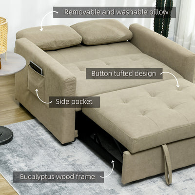 HOMCOM Loveseat Sofa Bed, Convertible Bed Settee with 2 Cushions, Side Pockets for Living Room, Light Brown 