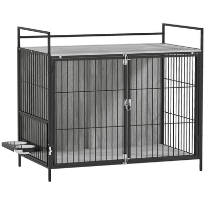 PawHut Large Dog Crate Furniture with Rotating Bowl Holder, 2 Bowls, 2 Doors, for Large Dogs, 100 x 60 x 88 cm, Grey 