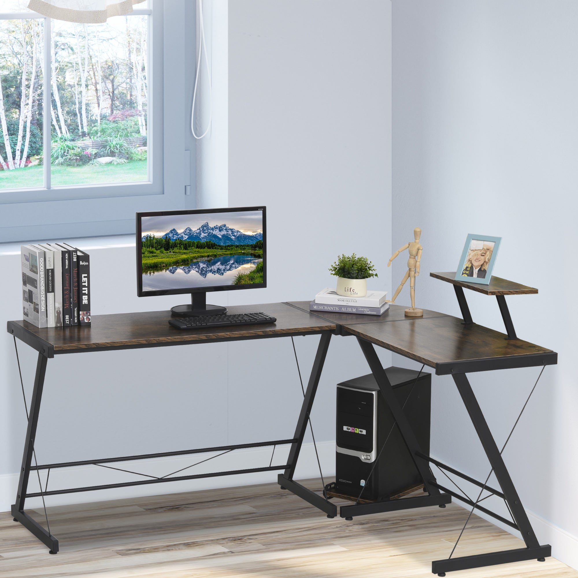 HOMCOM L Shaped Corner Desk, Gaming Desk, Computer Table with Monitor Stand and CPU Stand, Study Workstation for Home Office, 155 x 115 x 91.5cm, Rustic Brown and Black 
