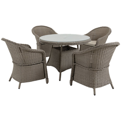 Outsunny 4 Seater Rattan Garden Furniture Set with Cushions, Round PE Rattan Dining Set with Glass-Top Table, Umbrella Hole, Outdoor Garden Table and Chairs, Mixed Grey 