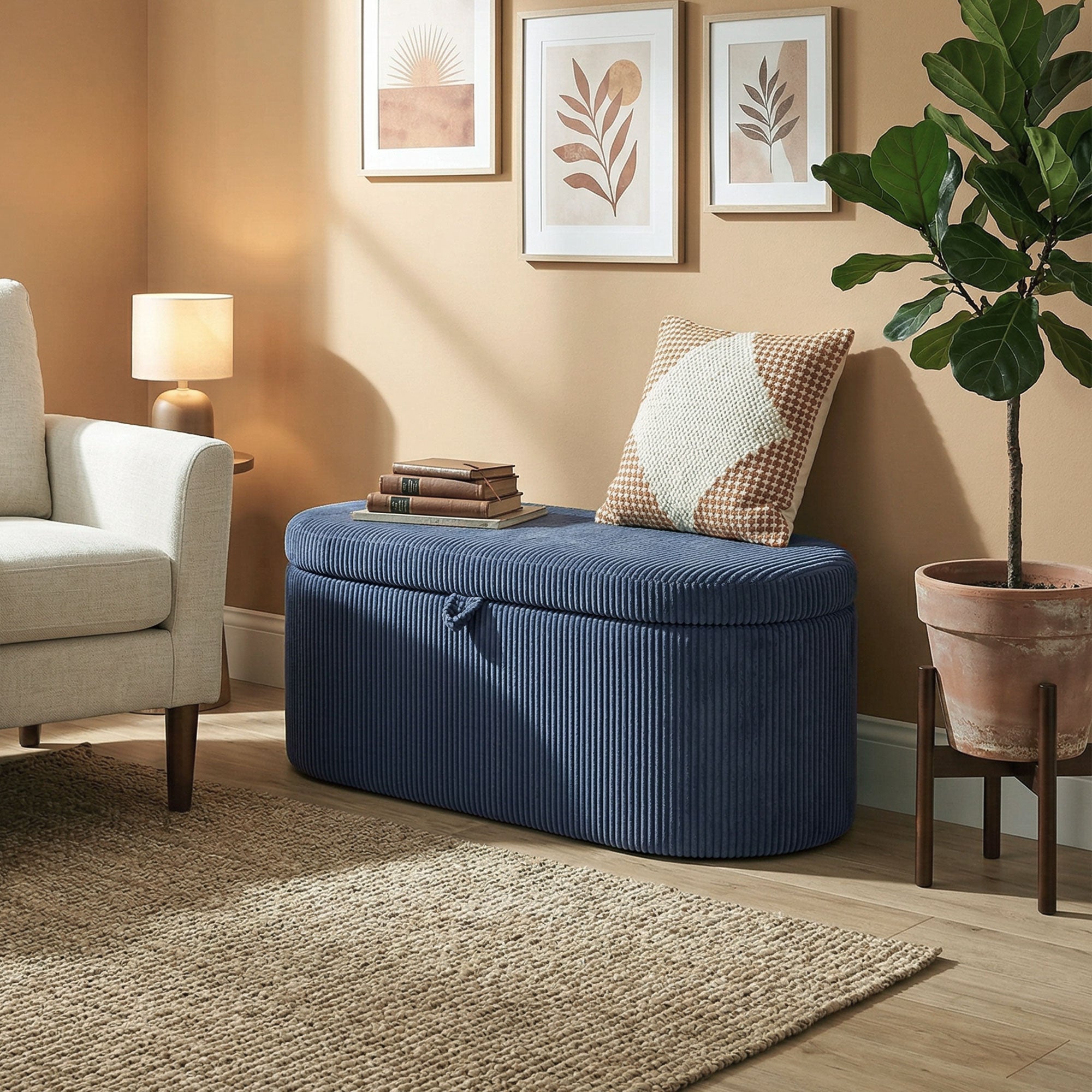 HOMCOM Storage Ottoman, Corduroy Upholstered Ottoman Storage Box with Padded Seat, 105 x 51 x 49 cm, Blue 