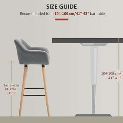 HOMCOM Set of 2 Bar Stools Modern Upholstered Seat Bar Chairs w/ Metal Frame, Solid Wood Legs Living Room Dining Room Fabric Furniture - Grey 