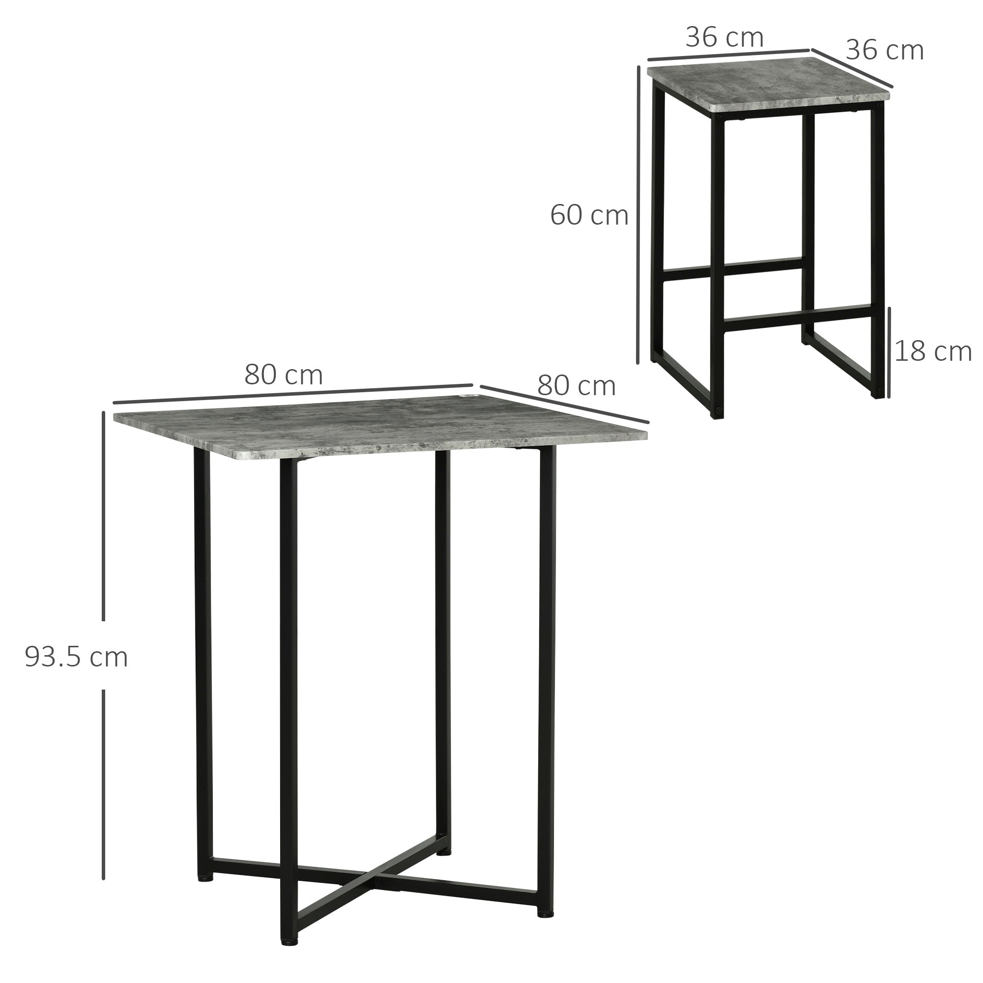 HOMCOM 5pc Bar Table Set, Square Dining Table Set for 4 People, Home Kitchen Breakfast Bar Set with Steel Frame and Footrest, Concrete Grey 