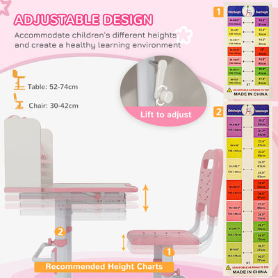 ZONEKIZ Height Adjustable Kids Study Table and Chair Set, with Drawer, Storage Shelf, 80 x 54.5 x 104 cm, Pink 