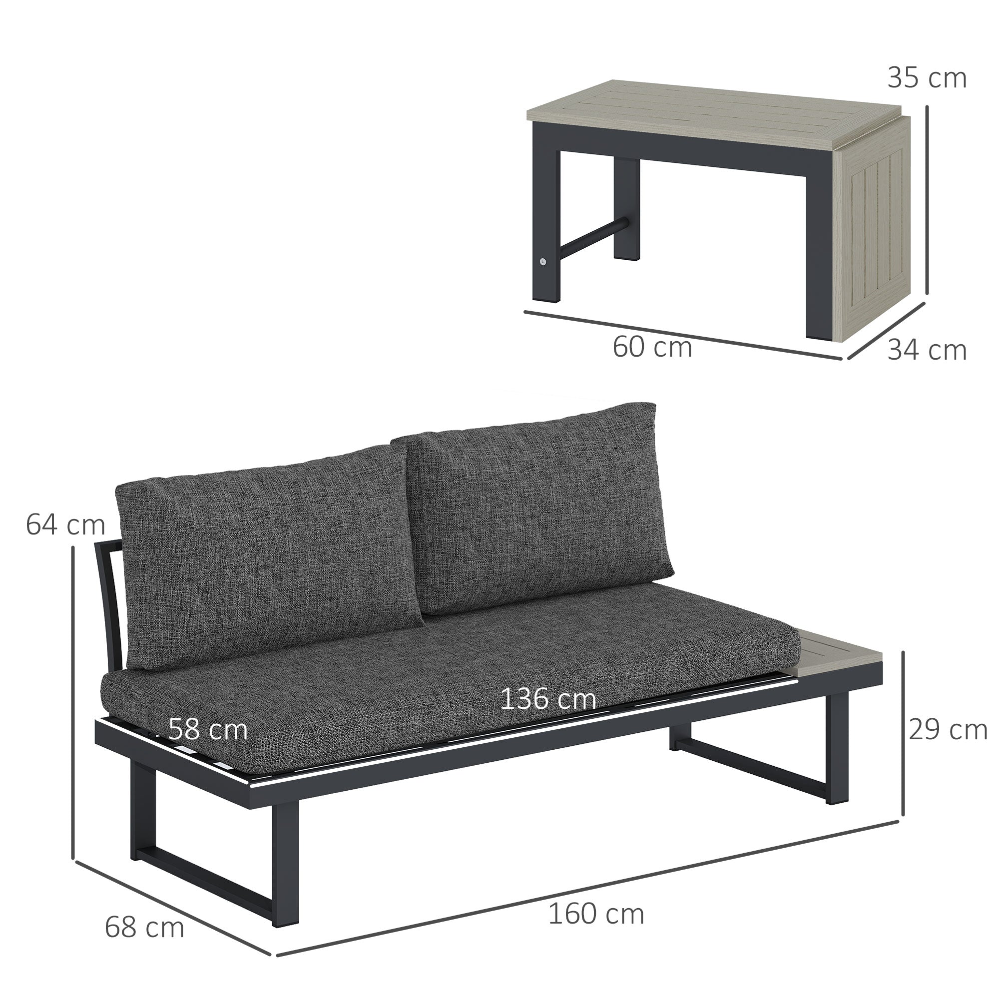 Outsunny 4 Seater L Shaped Aluminium Sectional Garden Furniture Set with 2 Loveseats and Wood-Plastic Coffee Table - Dark Grey 