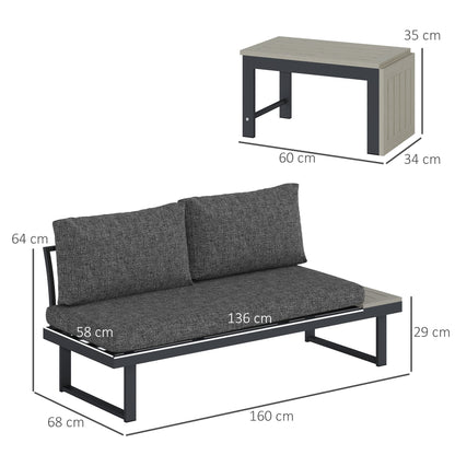 Outsunny 4 Seater L Shaped Aluminium Sectional Garden Furniture Set with 2 Loveseats and Wood-Plastic Coffee Table - Dark Grey 