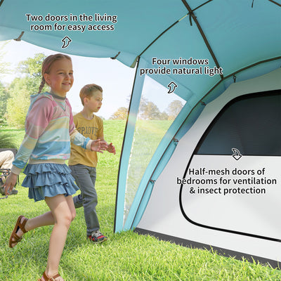 Outsunny 4-6 Man Family Camping Tent w/ 2 Bedrooms and a Living Room, Waterproof Tunnel Tent w/ Sewn In Groundsheet, Doors, Windows, Carry Bag, Blue 
