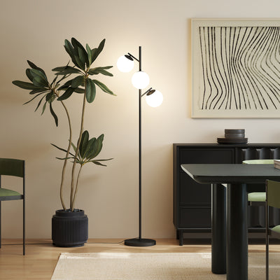 HOMCOM 3-Light Tree Floor Lamps for Living Room, Modern Standing Lamp for Bedroom with Globe Lampshade, Steel Base, Bulb not Included, Black 
