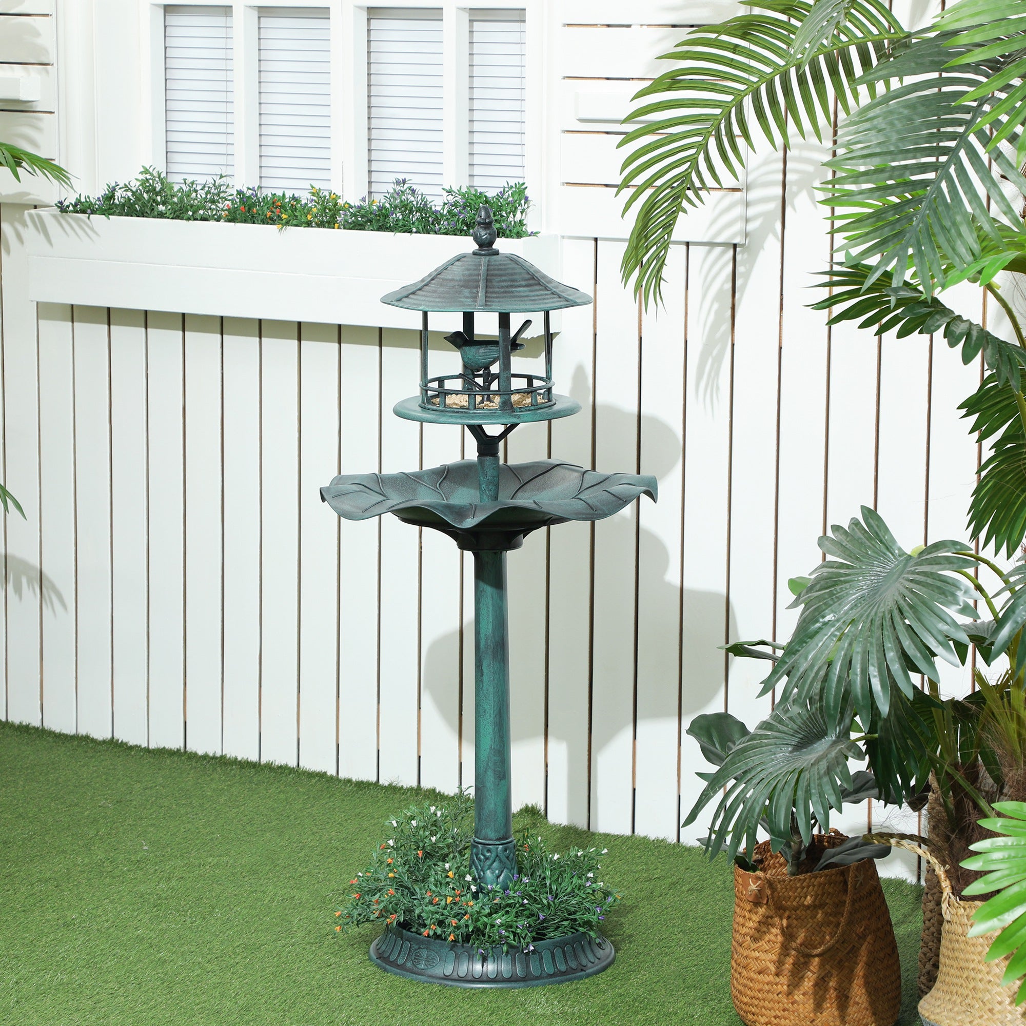 Outsunny 3-in-1 Garden Bird Bath, Freestanding Birdbath with Large Water Basin, Underneath Flower Planter, Φ50 x 113 cm, Green 