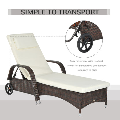 Outsunny Brown Rattan Sun Lounger w/ Adjustable Steel Frame,200Lx73Wx56-103H cm 