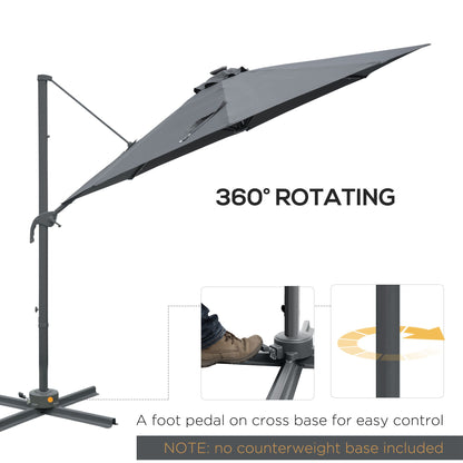 Outsunny 3(m) Cantilever Roma Parasol Patio Sun Umbrella with Crank & Tilt LED Solar Light Cross Base 360\'c2\'b0 Rotating Outdoor, Dark Grey