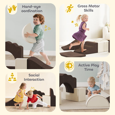 AIYAPLAY 7 Piece Kids Soft Play Set with Detachable Cover, Baby Indoor Climb and Crawl Foam Toy for Toddlers, Preschoolers, Brown 