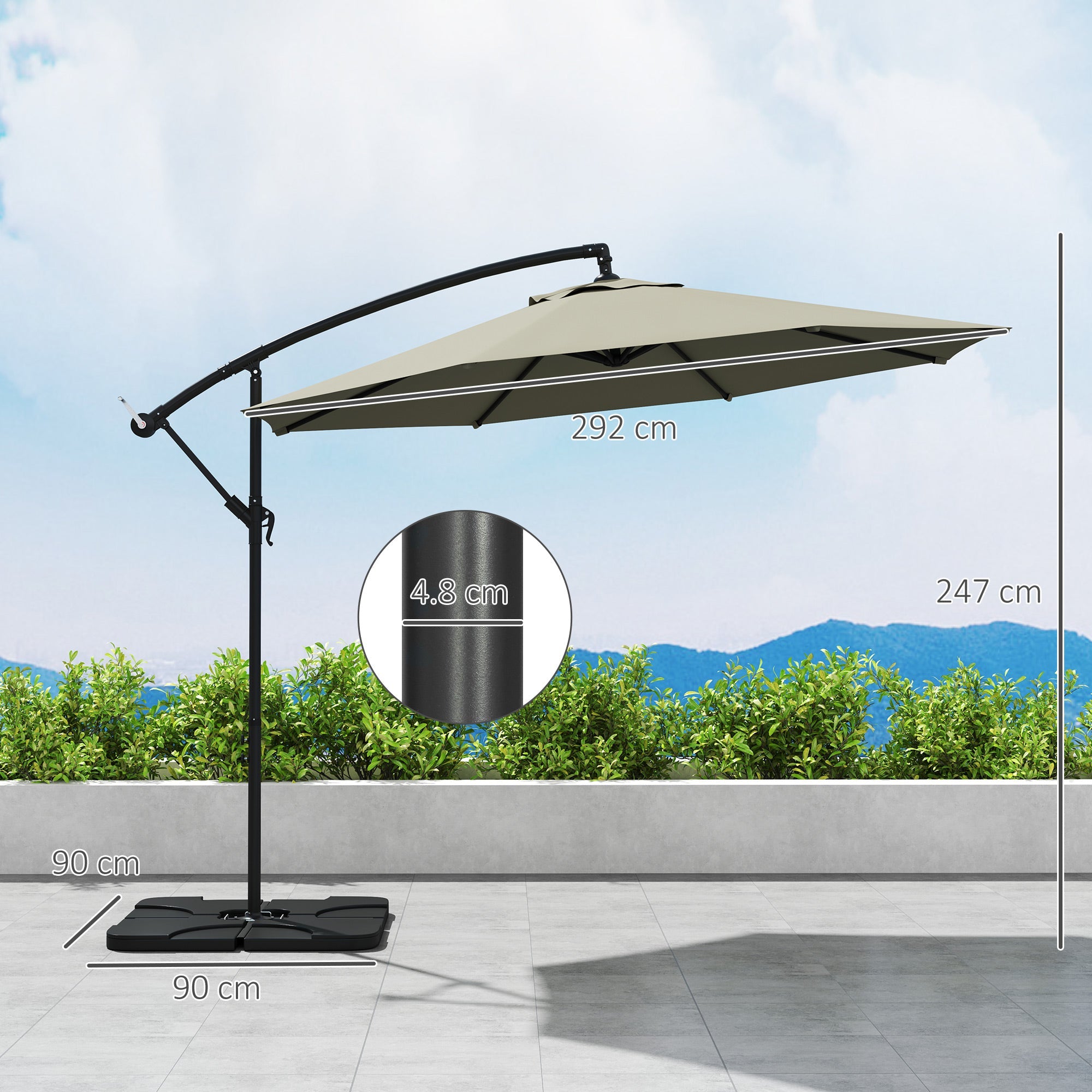 Outsunny 3m Overhanging Parasol, with Base, Weights and Cover - Light Grey 