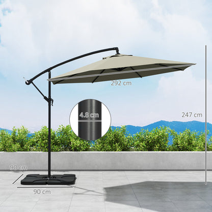 Outsunny 3m Overhanging Parasol, with Base, Weights and Cover - Light Grey 
