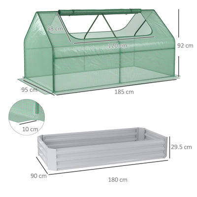 Outsunny Raised Garden Bed with Greenhouse, Steel Planter Box with Plastic Cover, Roll Up Window, Dual Use for Flowers, Vegetables, Fruits and Herbs, 185L x 95W x 92H cm, Green 