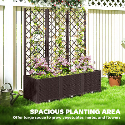 Outsunny Raised Garden Bed with Trellis, Plastic Planter Box with Drainage Holes and Drain Plugs for Climbing Plants, Vegetables, Flowers, Brown 
