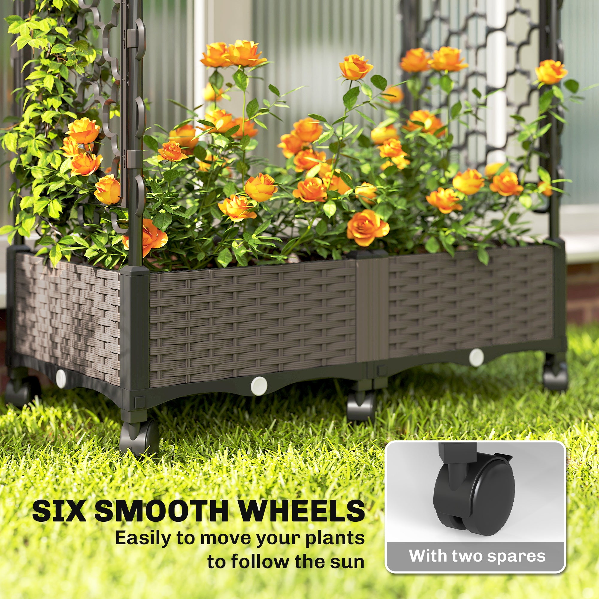 Outsunny Raised Garden Bed with Arch Trellis, Raised Bed for Garden on Wheels with Side Trellis, Self Watering Planter Box 