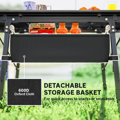 Outsunny Folding Camping Table, 90 x 55 cm Height Adjustable Portable Collapsible Table, 3ft Lightweight Aluminium Rollup Picnic Table with Storage Basket for Outdoor Garden Party BBQ, Black 
