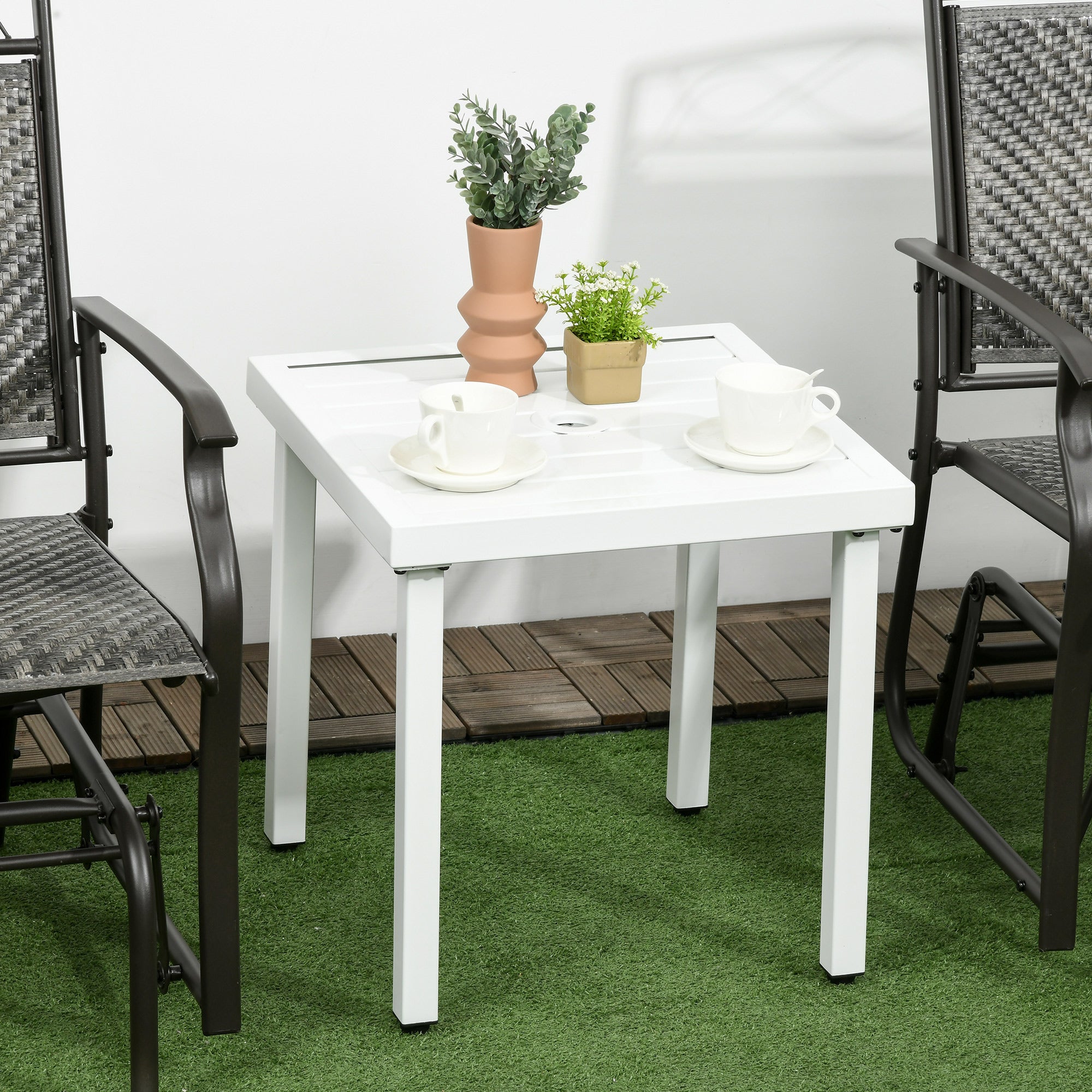 Outsunny Garden Side Table End Table Patio Coffee Table with Umbrella Hole, Steel Frame for Balcony, White 