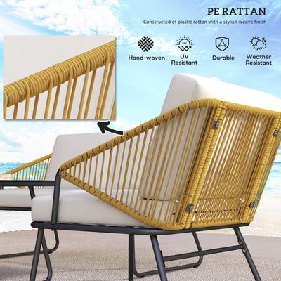 Outsunny 4 Piece Rattan Garden Furniture Set, Wicker Patio Outdoor Furniture Set with Loveseat, Armchairs, Glass Top Coffee Table and Cushions for Patio, Conservatory, Balcony, Natural Wood Finish 