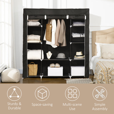 HOMCOM Portable Wardrobe, Foldable Fabric Wardrobe, 150 x 43 x 162.5cm, Clothes Storage Organiser with Hanging Rail, Shelves, Fabric Cover for Bedroom, Black 