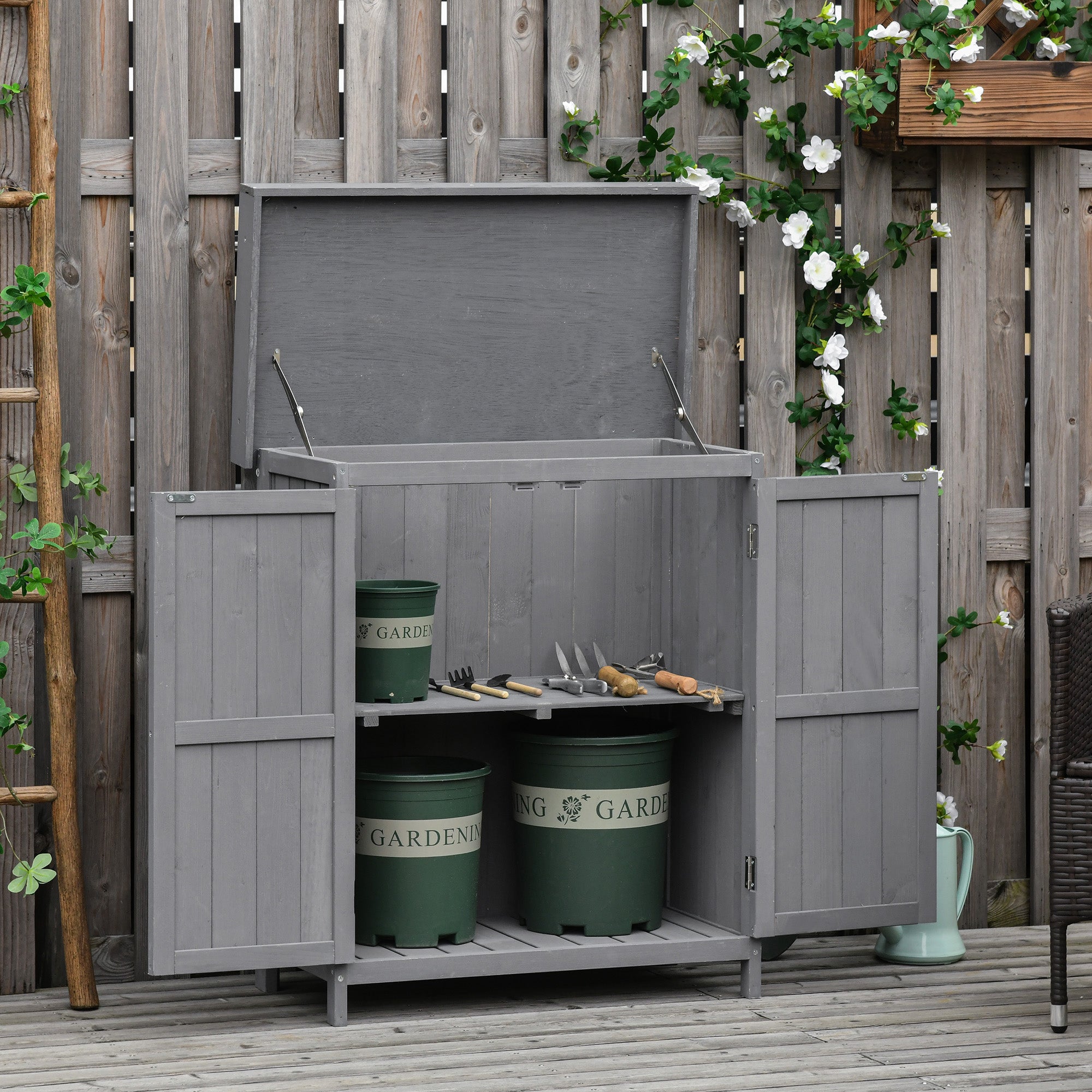Outsunny Wooden Garden Storage Shed with Hinged Roof and Shelves, Outdoor Storage Cabinet Chest, Double Doors, 74 x 43 x 88cm, Grey 